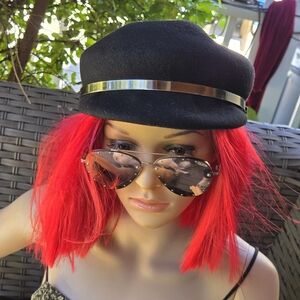 Nine West Black Wool Newsboy Baker Boy Hat Silver Band Adjustable